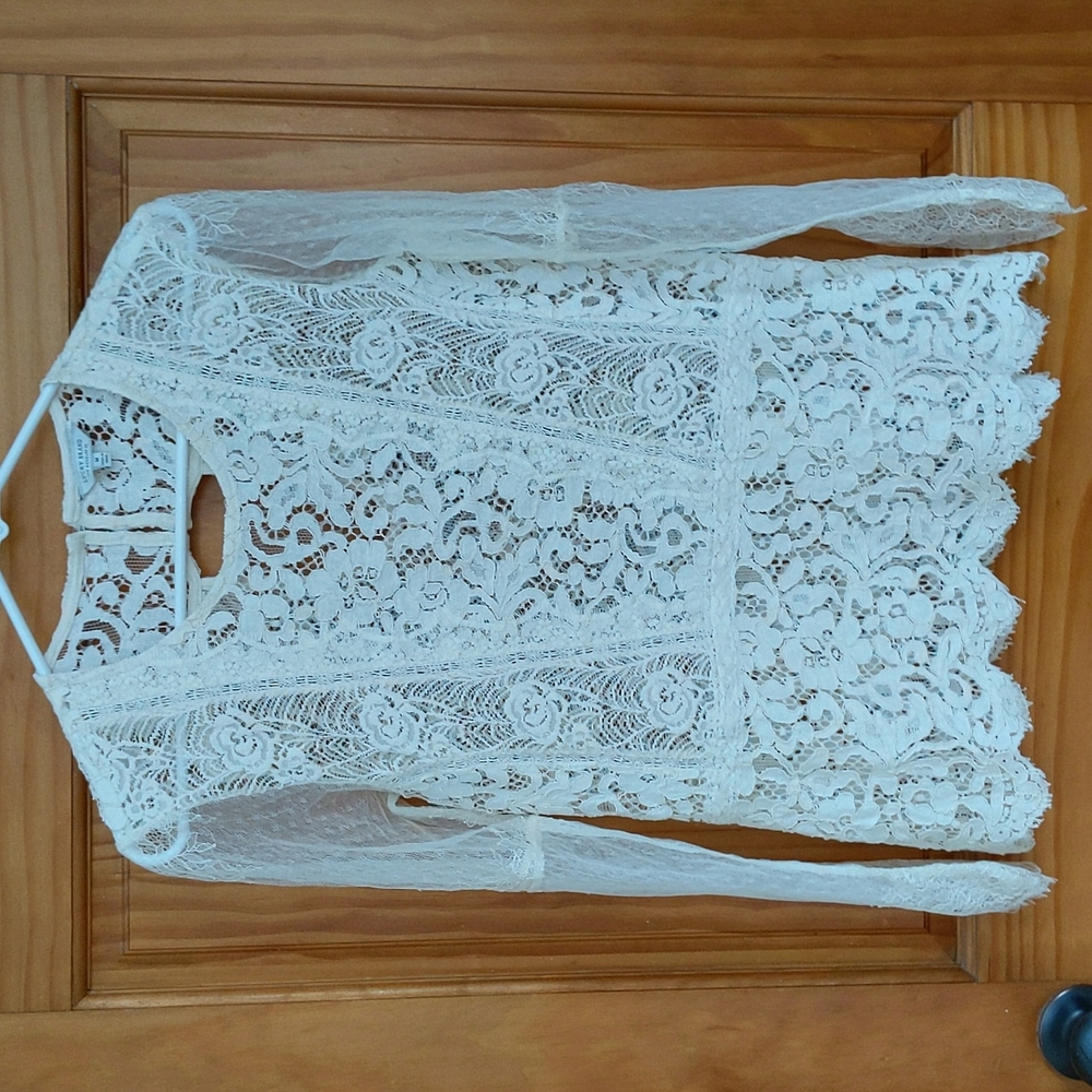 Lucky Brand Floral Lace Crocheted Whimsical Dainty Transparent Top Medium Ivory